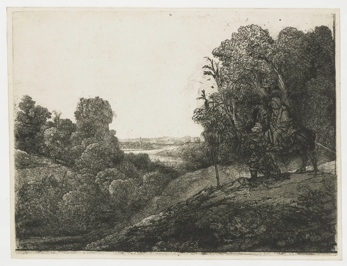 The flight into Egypt: altered plate from Seghers by Rembrandt van Rijn, print, 1653