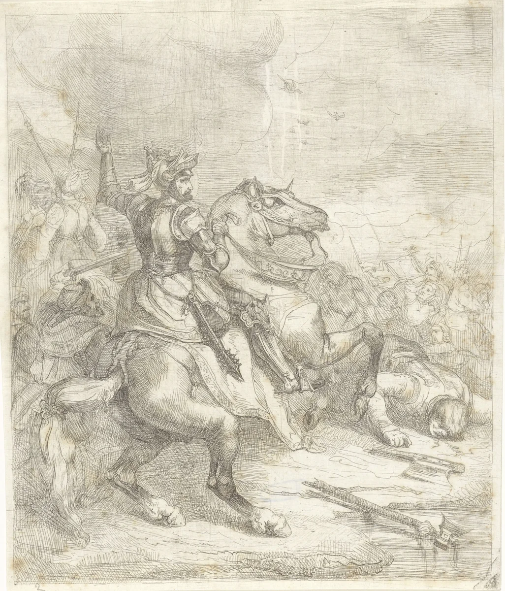 Keizer Hendrik II de Heilige te paard in een veldslag by Theodoor Schaepkens, print, 1835