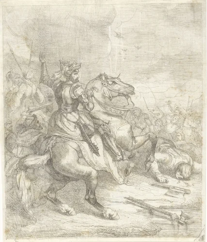 Keizer Hendrik II de Heilige te paard in een veldslag by Theodoor Schaepkens, print, 1835