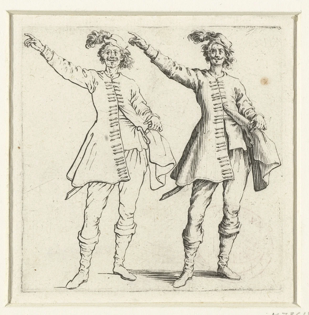 Tweemaal dezelfde soldaat met kleine gepluimde hoed en opgeheven arm, van voren gezien by Jacques Callot, print, 1621-1624