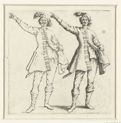 Tweemaal dezelfde soldaat met kleine gepluimde hoed en opgeheven arm, van voren gezien by Jacques Callot, print, 1621-1624
