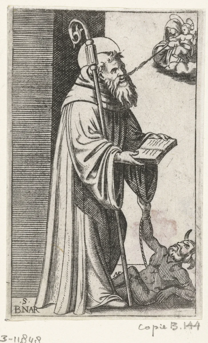 Heilige Bernardus ontvangt melk van Maria met kind en aan zijn voeten ligt geketende duivel by anonymous, print, 1500-1575