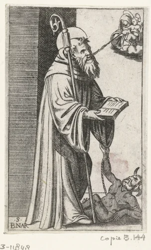 Heilige Bernardus ontvangt melk van Maria met kind en aan zijn voeten ligt geketende duivel by anonymous, print, 1500-1575