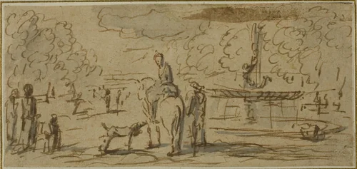 Figures Walking and on Horseback in a Park by French School, drawing, 1701-1800