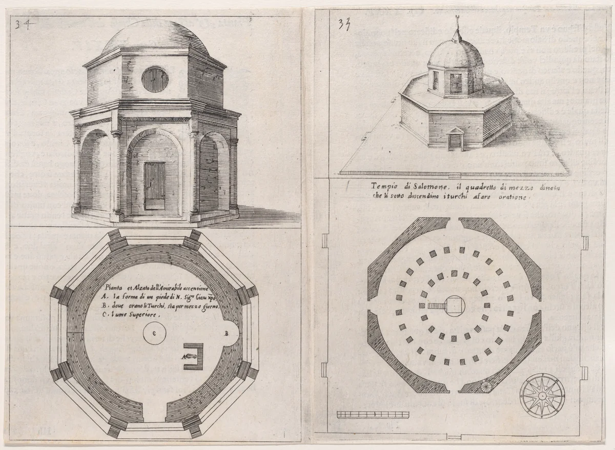 Plates 27 and 28, from "Trattato delle Piante & Immagini de Sacri Edifizi di Terra Santa" (Treatise of the Plans & Images of the Sacred Buildings of the Holy Land) by Jacques Callot, print, 1620