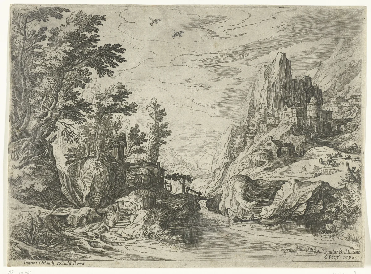 Rivierlandschap in Campania met stad op rots by Unknown, print, 1590