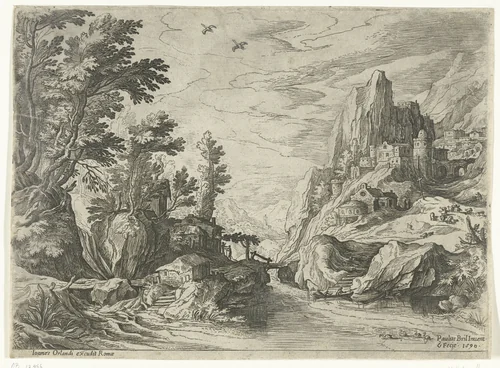 Rivierlandschap in Campania met stad op rots by Unknown, print, 1590