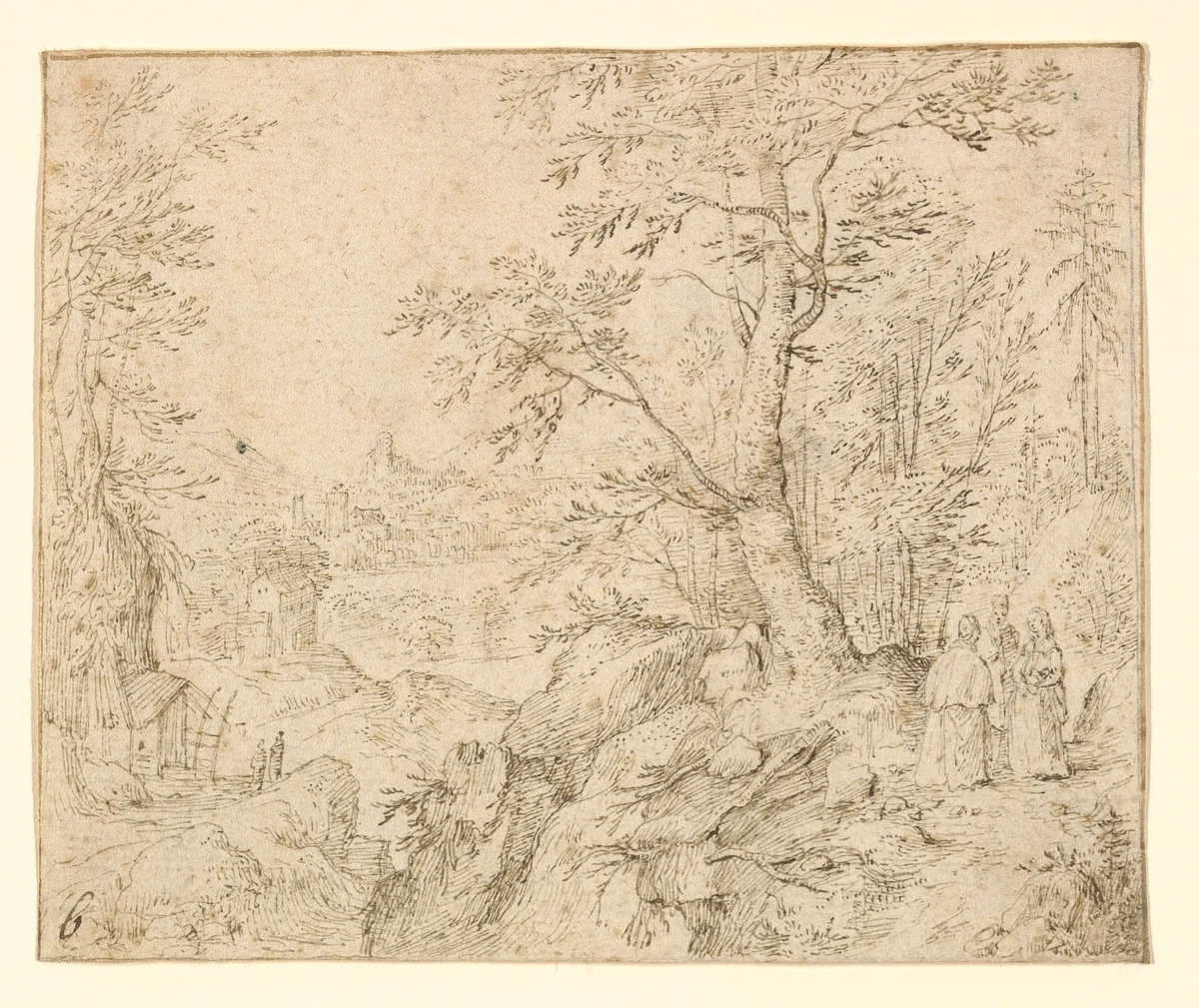 Rugged Wooded River Landscape with Travellers on a Road and a Town Beyond by Philip van den Bossche, drawing, 1604-1615