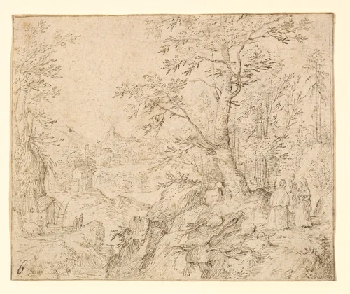 Rugged Wooded River Landscape with Travellers on a Road and a Town Beyond by Philip van den Bossche, drawing, 1604-1615