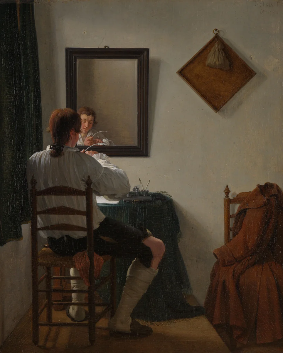 A Writer Trimming his Pen by Jan Ekels, painting, 1784