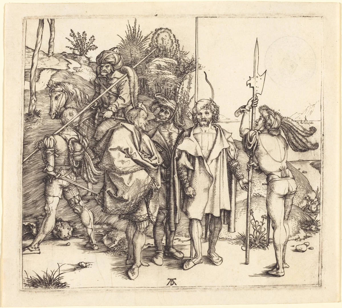 Five Soldiers and a Turk on Horseback by Albrecht Dürer, print, 1495-1496