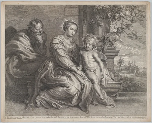 The Holy Family with a parrot by Schelte Adams Bolswert, print, 1620-1659