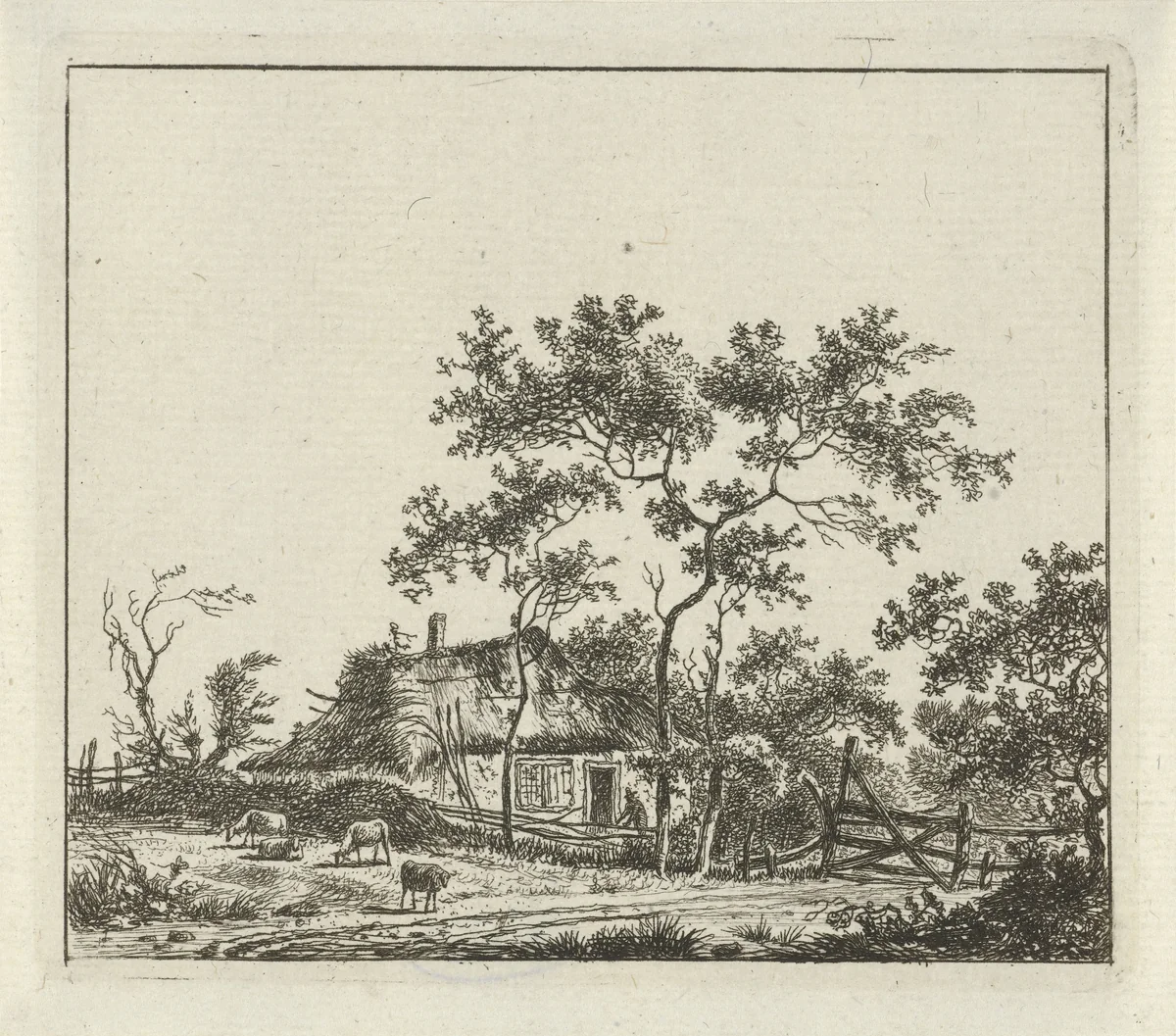 Boerderij met vier schapen by Hermanus Fock, print, 1781-1822