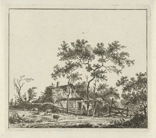 Boerderij met vier schapen by Hermanus Fock, print, 1781-1822