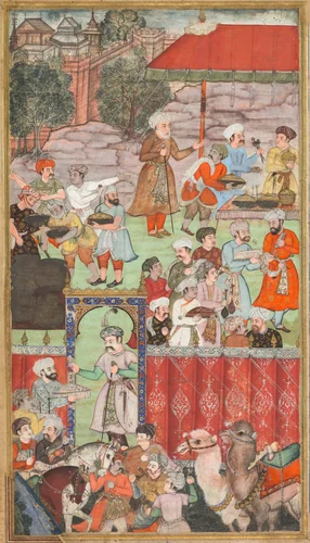 A feast for Babur hosted by his half-brother Jahangir Mirza in Ghazni in May 1505, from a Babur-nama (Memoirs of Babur) by Basavana, painting, 1584-1594