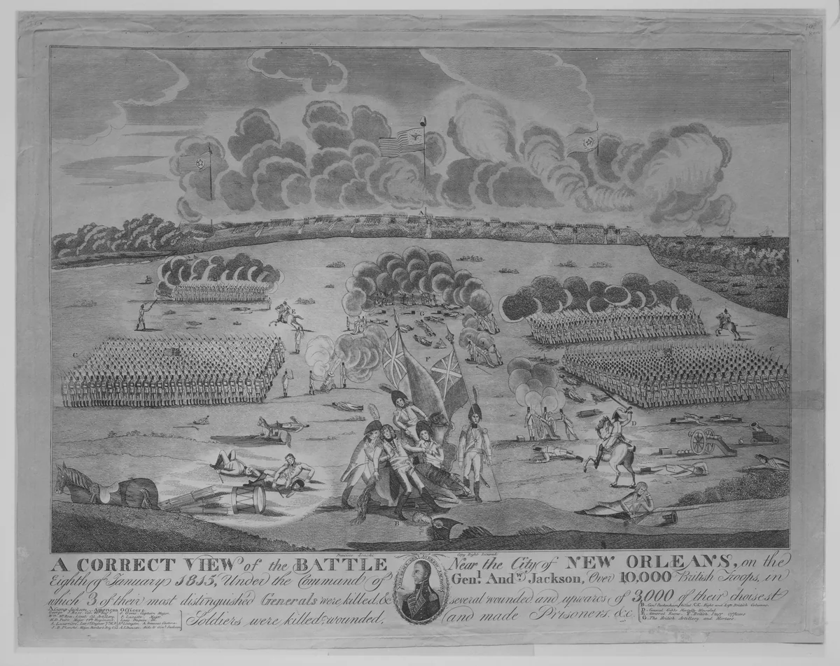 A Correct View of the Battle Near the City of New Orleans (January 8, 1815) by Francisco Scacki, print, 1811-1821