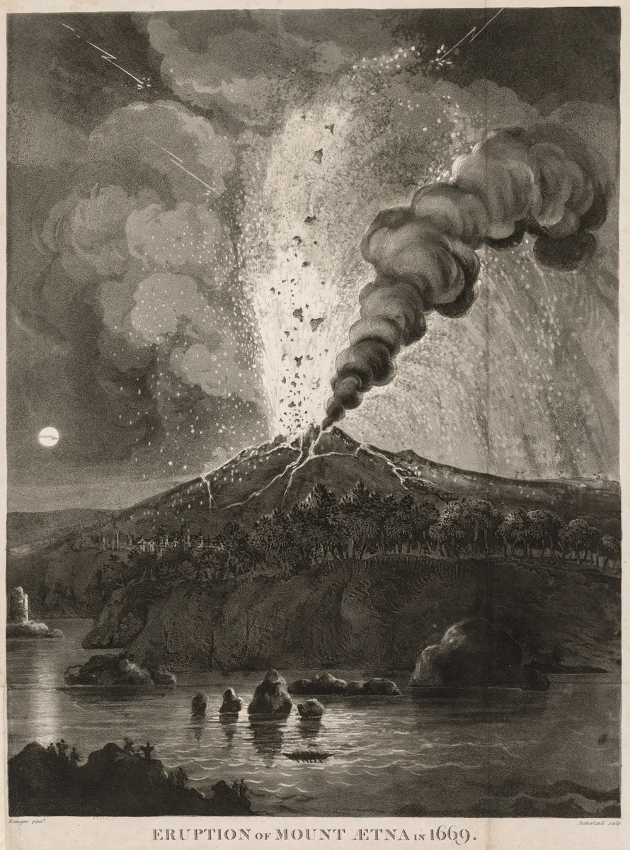 Eruption of Mount Aetna in 1669 by Thomas Sutherland, print, 1804-1814