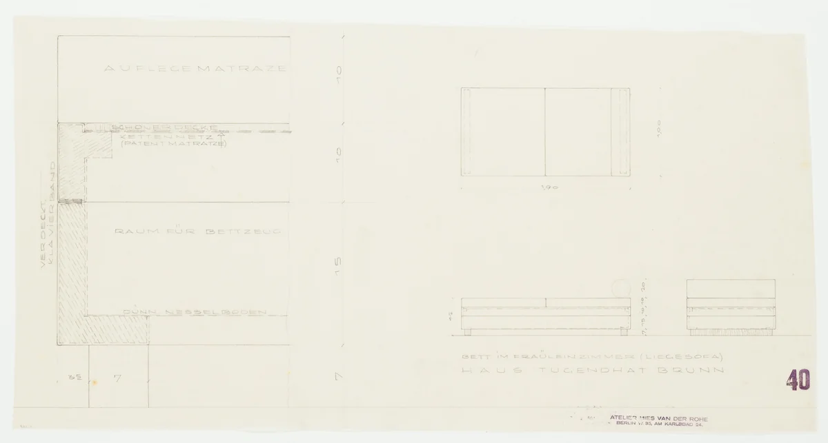 Tugendhat House, Brno, Czech Republic, Governess's bed. Plan, elevations, section. by Ludwig Mies van der Rohe, mies van der rohe archive, 1928