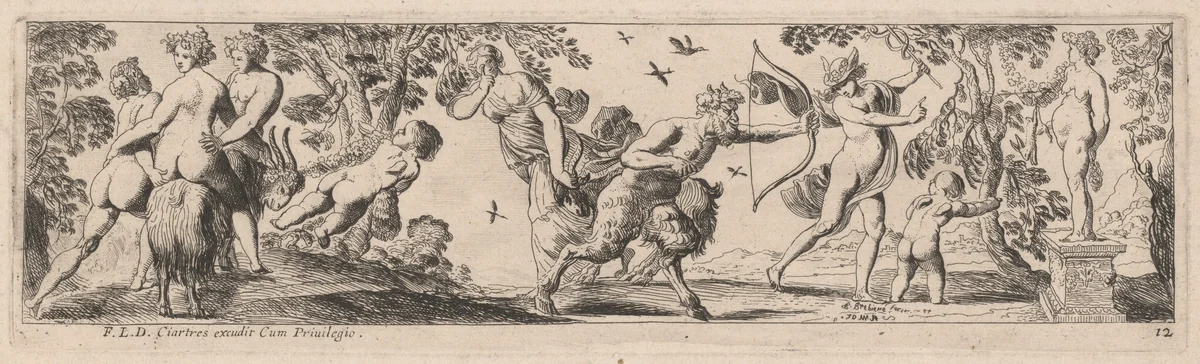 Satyr and Mercury Shooting at a Statue by Pierre Brebiette; François Langlois, print, 1626