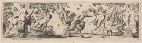 Satyr and Mercury Shooting at a Statue by Pierre Brebiette; François Langlois, print, 1626