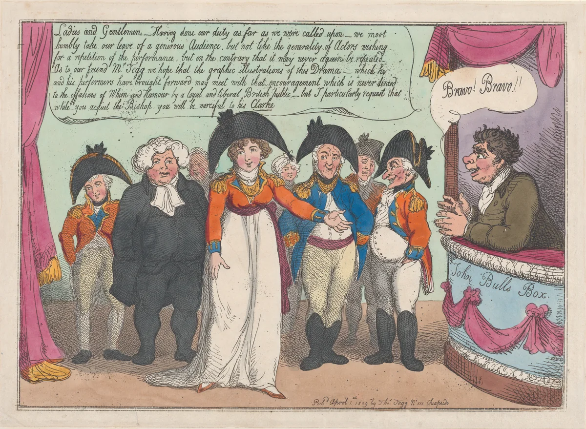 Mrs. Clarke's Farewell To Her Audience. Tailpiece by Thomas Rowlandson, print, 1809