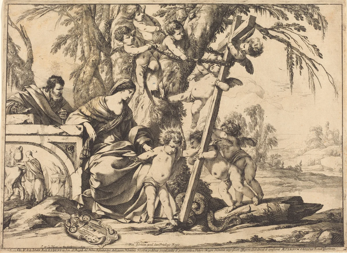 Holy Family with Angels and the Cross, Crushing a Serpent by Laurent de La Hyre, print, 1639