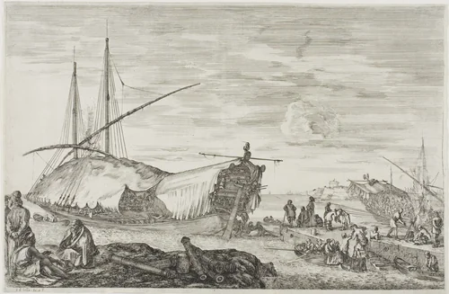 The Galley Covered in Sails, from Views of the Port of Livorno by Stefano della Bella, print, 1654-1655