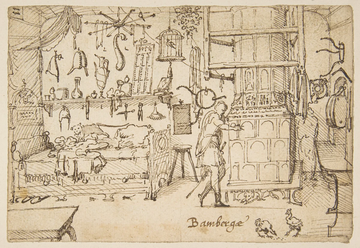 Study sheets with sketches of interiors, animals, sculpture, figures, notes by anonymous, drawing, 1500-1600