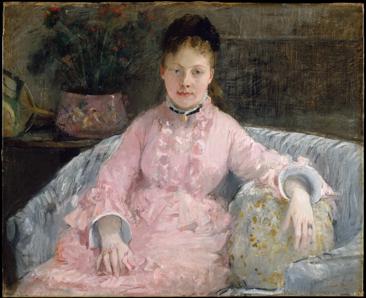 The Pink Dress (Albertie-Marguerite Carré, later Madame Ferdinand-Henri Himmes, 1854–1935) by Berthe Morisot, painting, 1865-1875