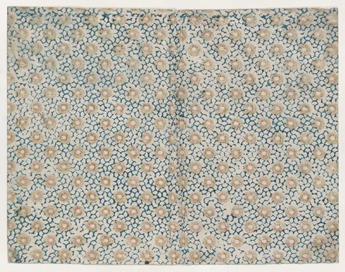 Book cover with yellow floral pattern atop blue curved lines by anonymous, print, 1800-1900