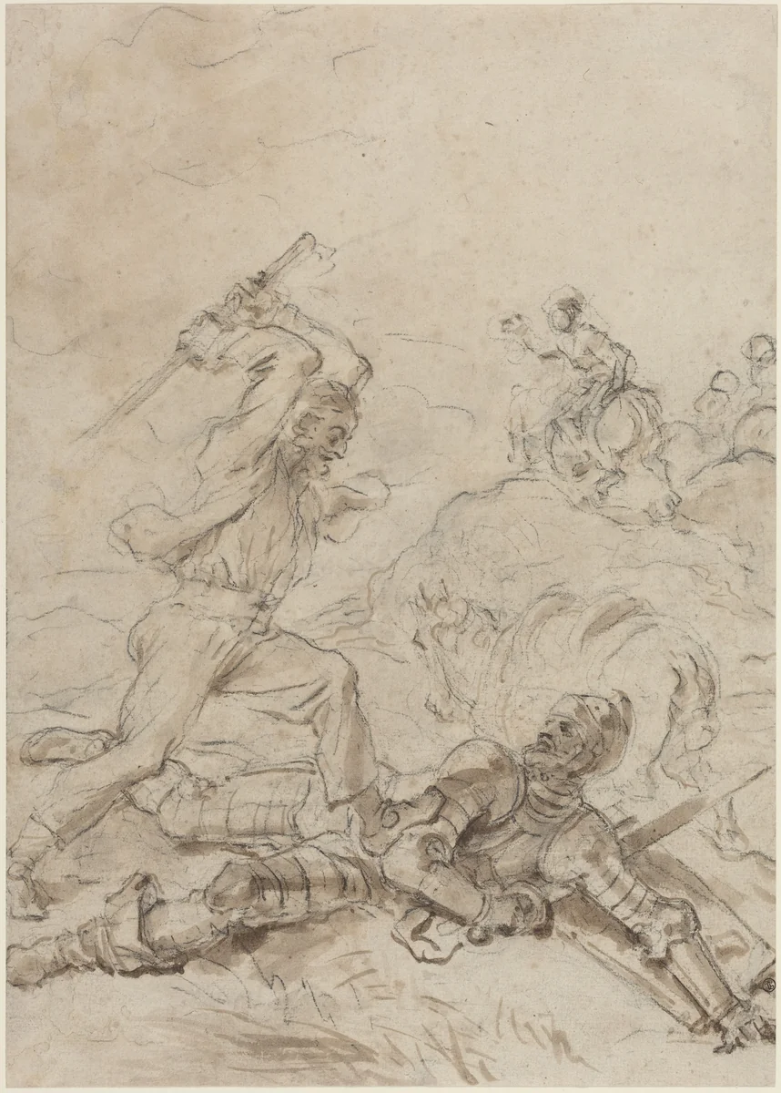The Muleteer Attacking Don Quixote as He Lies Helpless on the Ground by Jean Honoré Fragonard, drawing, 1780-1789