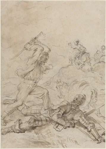 The Muleteer Attacking Don Quixote as He Lies Helpless on the Ground by Jean Honoré Fragonard, drawing, 1780-1789