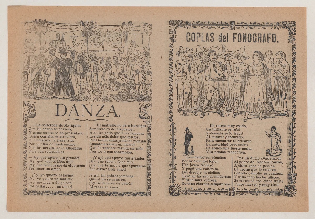 Broadsheet with two different songs showing a group of men huddled around a woman on the left and a group of people holding glasses on the right by José Guadalupe Posada, print, 1885-1915