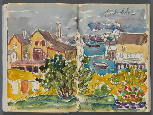 Sketchbook- The Granite Shore Hotel, Rockport, page 128 & 129: Houses on the Harbor by Maurice Prendergast, book, 1905-1910