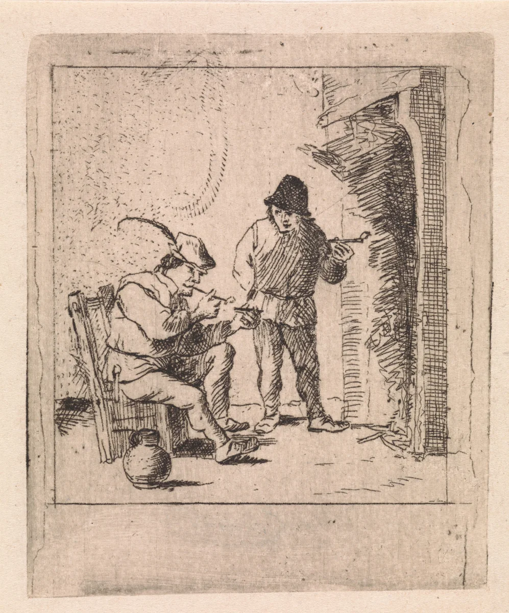 Twee boeren bij de haard by anonymous, print, 1626-1740