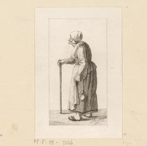 Staande vrouw met stok by Pieter de Mare, print, 1779