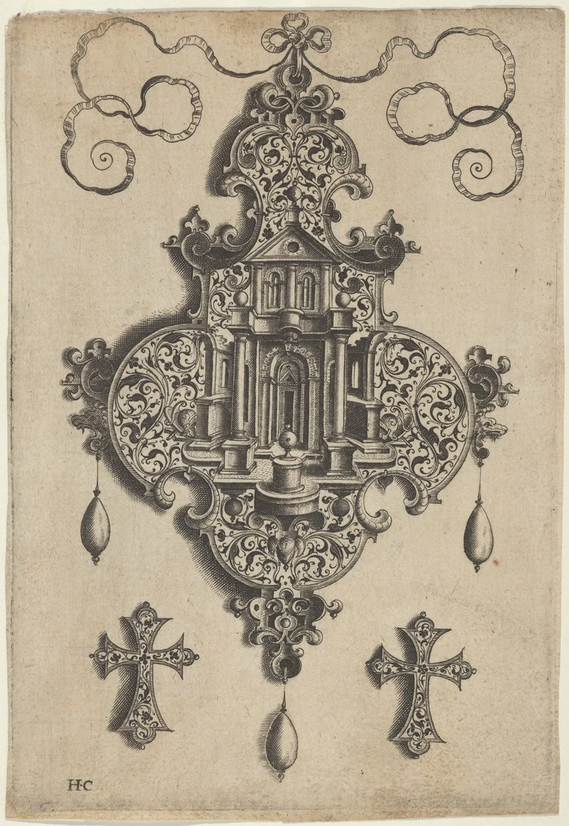 Pendant Design with a Temple and Vase Above Cross-Shaped Ornaments by Jan Collaert, print, 1530-1573