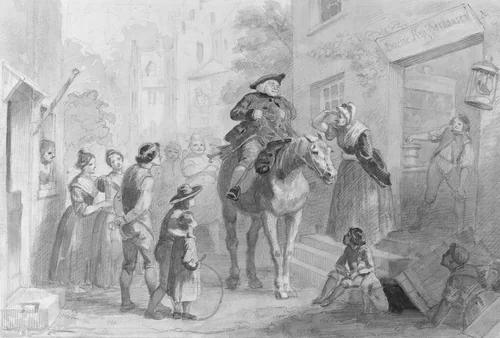 Village Scene with Dutch Colonial Figures (from Hosack Album) by Felix Darley, artwork, 1822-1888