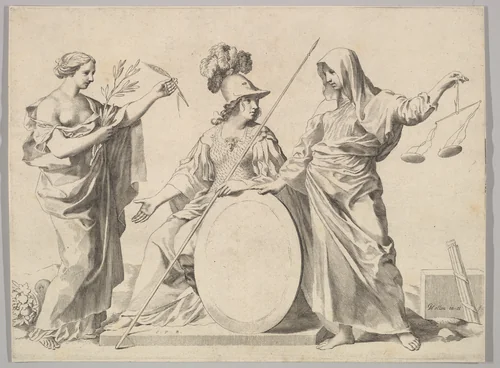 Minerva Flanked by Peace and Justice (Armoiries de Gallard et de Mesmes) by Claude Mellan, print, 1600-1688