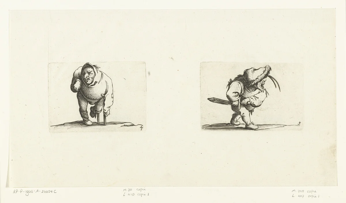 Kleine mens (karikatuur) met kruk en beensteun; kleine mens (karikatuur) met zwaard, in aanvallende houding by Abraham Bosse, print, 1621-1676