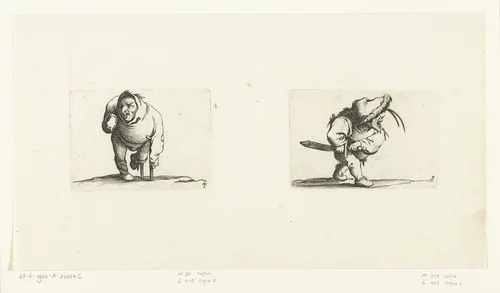 Kleine mens (karikatuur) met kruk en beensteun; kleine mens (karikatuur) met zwaard, in aanvallende houding by Abraham Bosse, print, 1621-1676