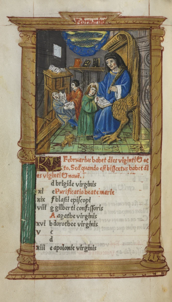 Printed Book of Hours (Use of Rome): fol. 3v, February calendar illustration by Guillaume Le Rouge, book, 1510