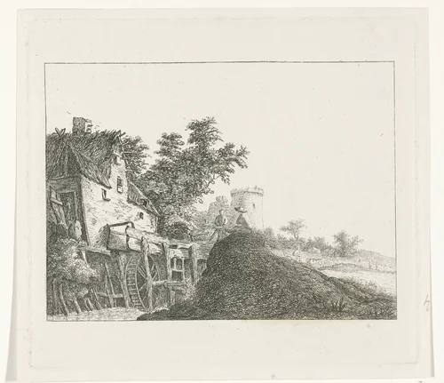 Landschap met watermolen en toren by Reinierus Albertus Ludovicus van Isendoorn à Blois, print, 1796-1856