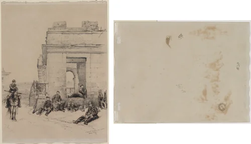 Soldiers Resting (recto); Sketch of a Man with Upraised Arm and Sketch of a Helmet (verso) by Édouard Detaille, drawing, 1878