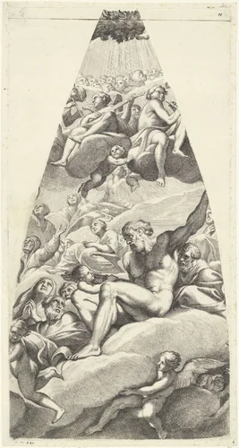 Abraham en Isaak met heiligen gezeten op een wolk by Carlo Cesio, print, 1680