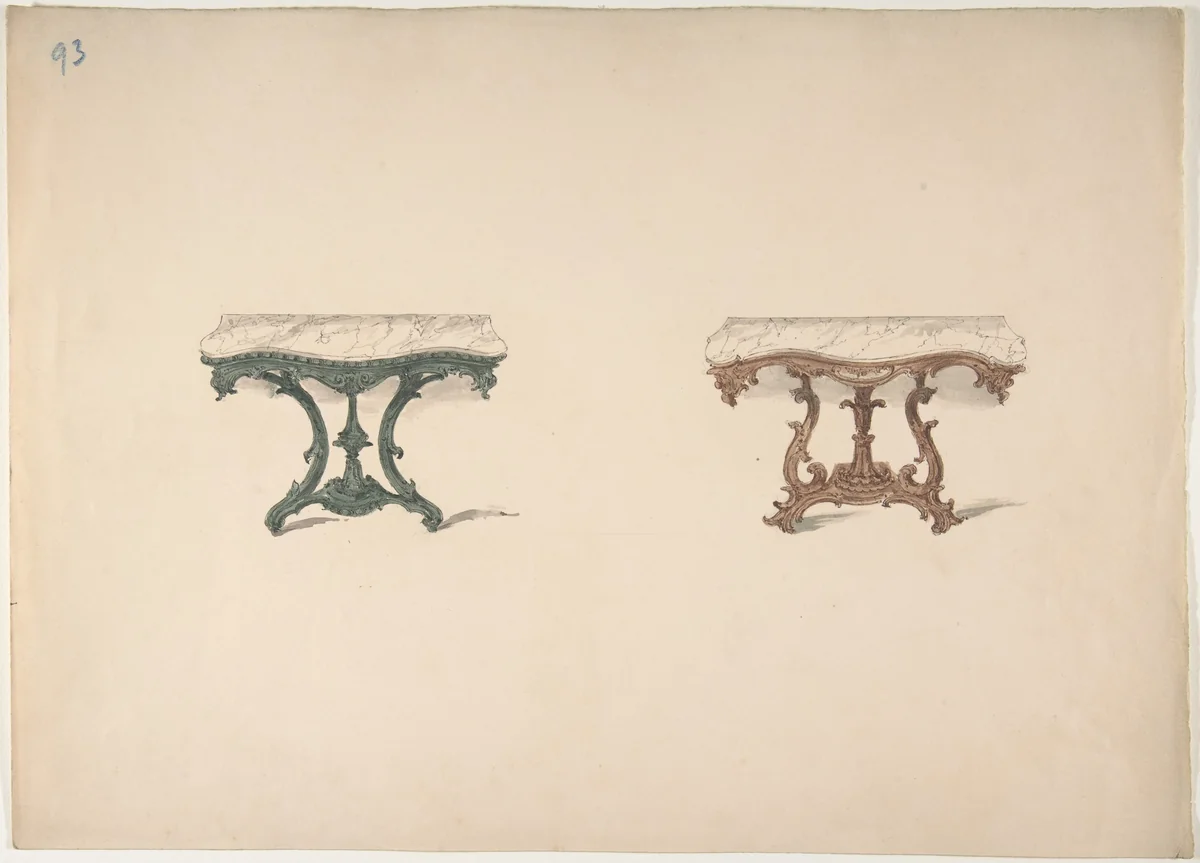 Design for Two Marble Topped Tables with Carved Legs by anonymous, drawing, 1800-1850