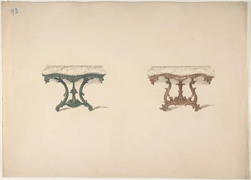 Design for Two Marble Topped Tables with Carved Legs by anonymous, drawing, 1800-1850