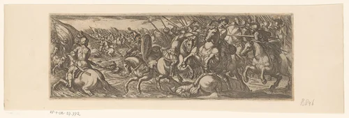 Strijdende soldaten te paard bij een rivier by Antonio Tempesta, print, 1599