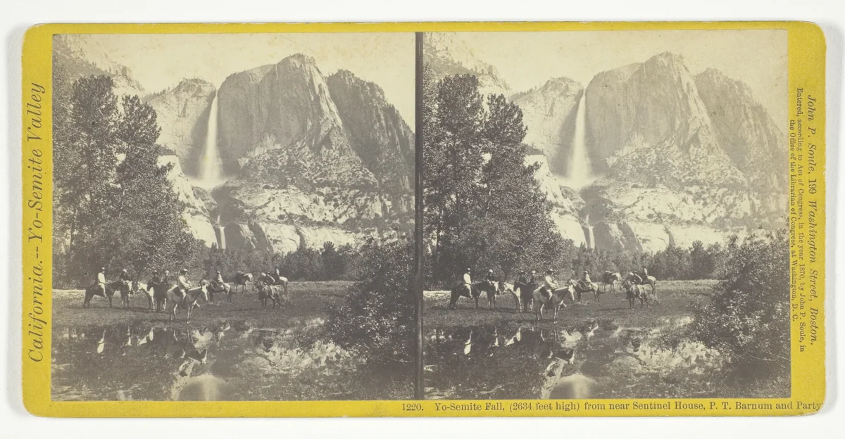 Yo-Semite Fall, (2634 feet high) from near Sentinel House, P. T. Barnum and Party, No. 1220 from the series "California -- Yo-Semite Valley" by John P. Soule, photograph, 1870