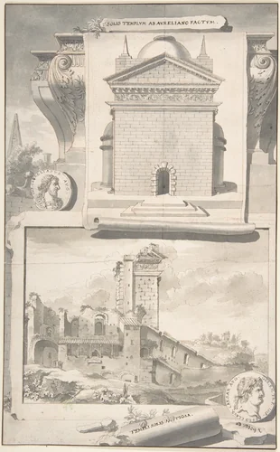 A Reconstruction of the Aurelian Temple of the Sun (above) and a View of the Ruins (below) by Jan Goeree, drawing, 1690-1704